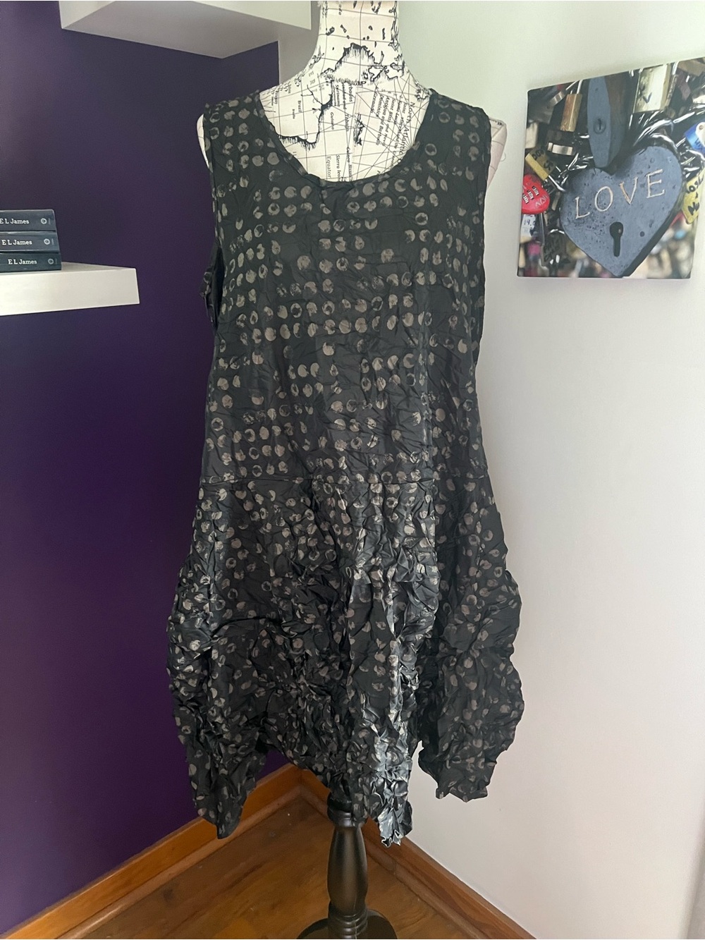 Sun Kim Sleeveless Black and Tan Dot Midi Bubble Dress